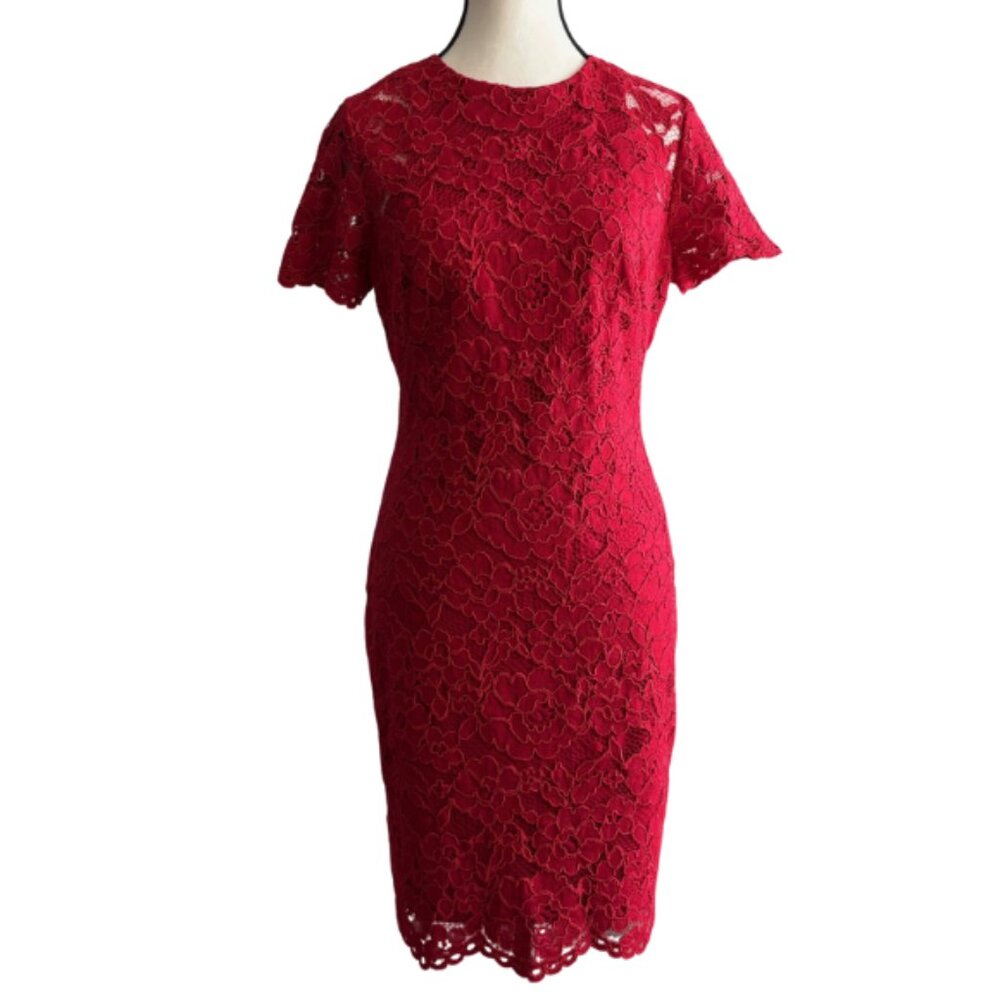 Lauren Ralph Lauren Red Lace Midi Sheath Dress with scalloped sleeves and hem